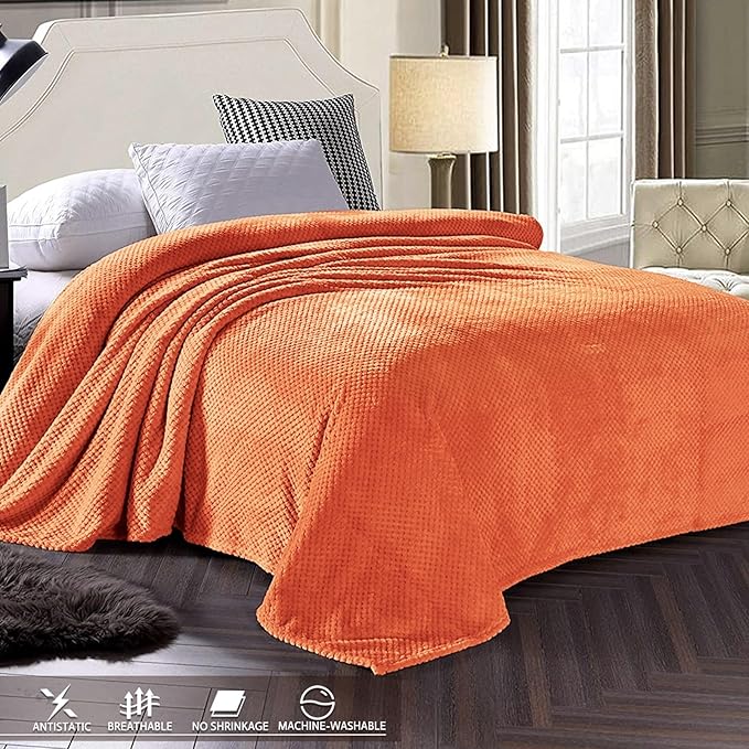 Exclusivo Mezcla Fleece Bed Blanket Queen Size, Super Soft and Warm Blankets for Couch, Sofa and Bed Waffle Textured, Cozy, Fuzzy and Lightweight (Burnt Orange, 90x90 Inches)