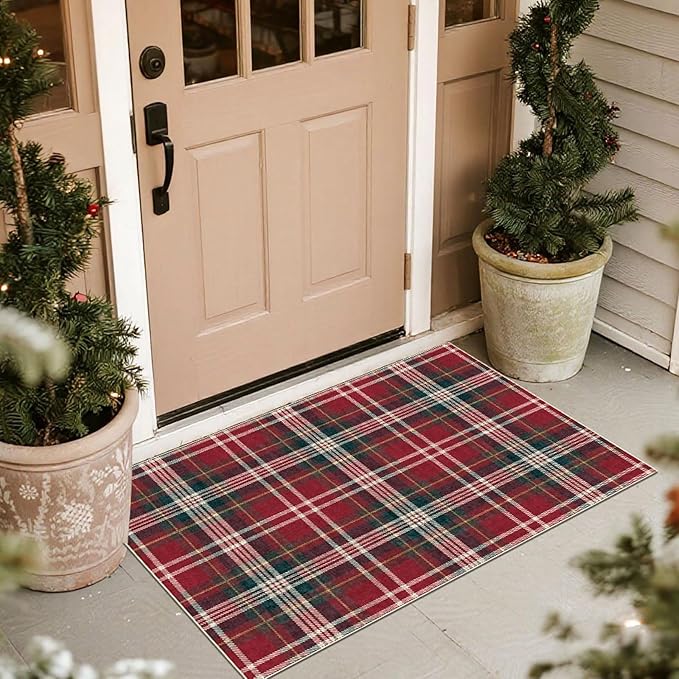 Christmas Front Door Mat Indoor Entrance - 2x3 Ft Non-Slip Doormat Outdoor Rug Small Red Holiday Tartan Plaid Entry Rug for Layered Door Mats Front Porch Entryway Kitchen New Year Decor