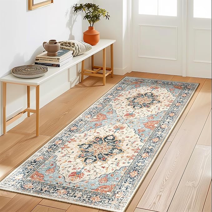 Area Rugs 2'x5' Runner Rug Non Slip Washable for Kitchen Hallway Bedroom Beside Laundry Room Bathroom Rug, Floor Carpet, Beige Navy Blue Orange Colorful