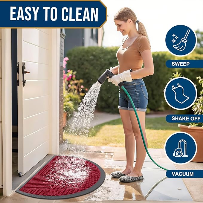 Smiry Half Circle Front Door Mat Outside Entrance, Heavy Duty Sturdy Natural Rubber Doormat, Trap Dirt and Moisture, Low Profile Mats for Indoor Outdoor Entry, Irregular Triangle (29.5x17, Wine Red)