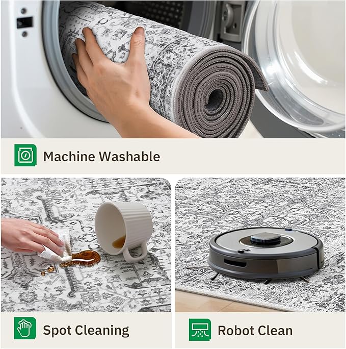 Washable 2x8 Runner Rug - Non Slip Vintage Kitchen Runner Rugs Low-Pile Distressed Long Rugs for Hallway Waterproof Indoor Carpet for Living Room Bedroom Entryway 2'x8' Grey