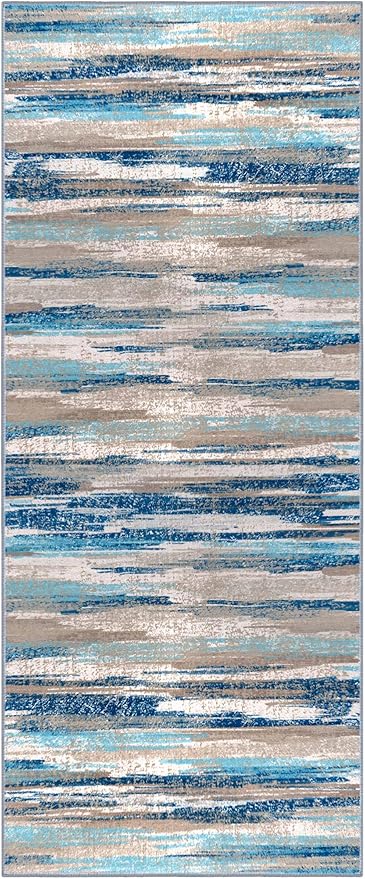 Lansny Modern Abstract Runner Rug 2x5, Blue Washable Entryway Kitchen Runner Non-Slip Soft Hallway Rug Runner Thin Print Faux Wool Carpet for Bedroom Laundry Room Indoor