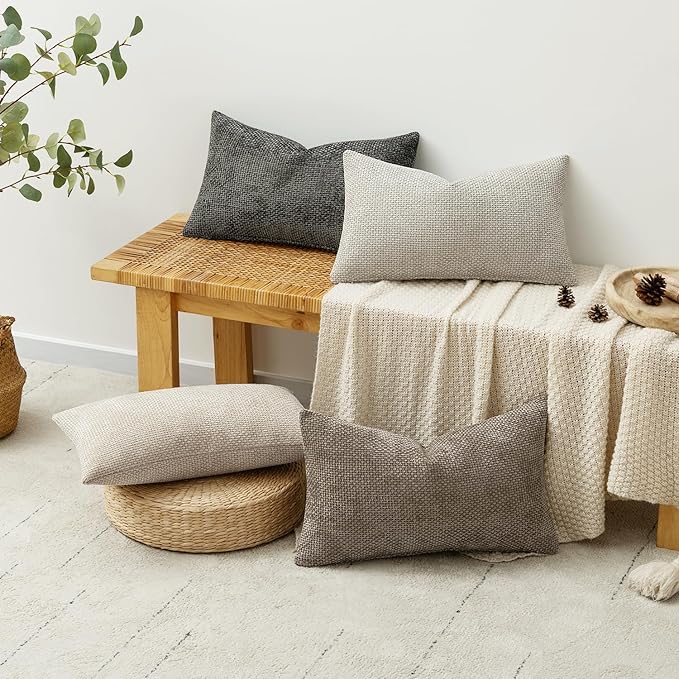 MIULEE Pack of 4 Couch Throw Pillow Covers 12x20 Inch Neutral Soft Decorative Chenille Pillow Covers Farmhouse Boho Accent Cushion Covers for Mid Century Modern Spring Decor Sofa Bedroom Living Room
