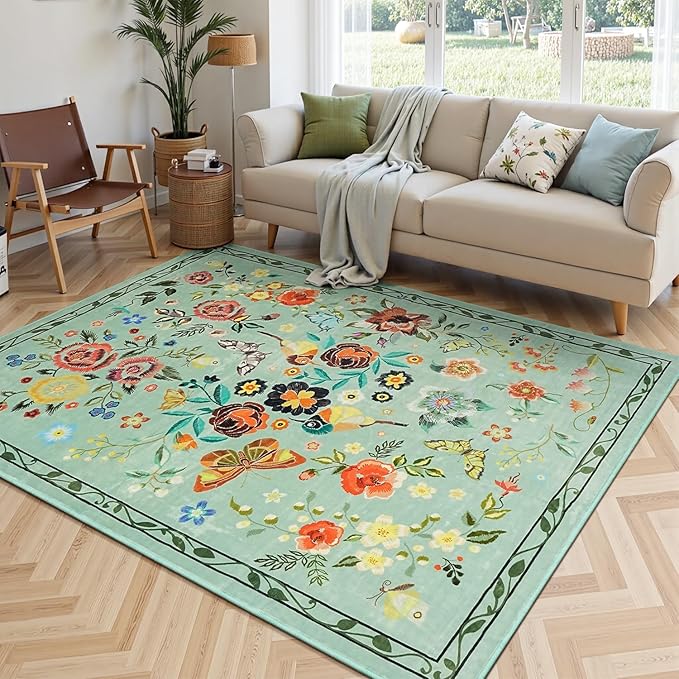 Rugflix 5x7 Washable Area Rug for Living Room, Soft Non Slip Low Pile Carpet, Floral Vintage Stain Resistant Rugs for Bedroom, Dining Room, Home Office, Green