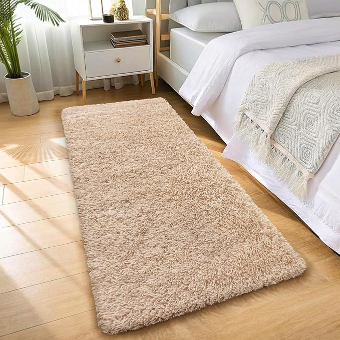 OLANLY 3x12 Machine Washable Runner Rugs for Hallway, Soft Fluffy Shaggy Bedside Rugs for Bedroom, Living Room, Indoor Floor Carpet for Kids Girls and Boys, Nursery Rooms, Home Decor Aesthetic, Beige