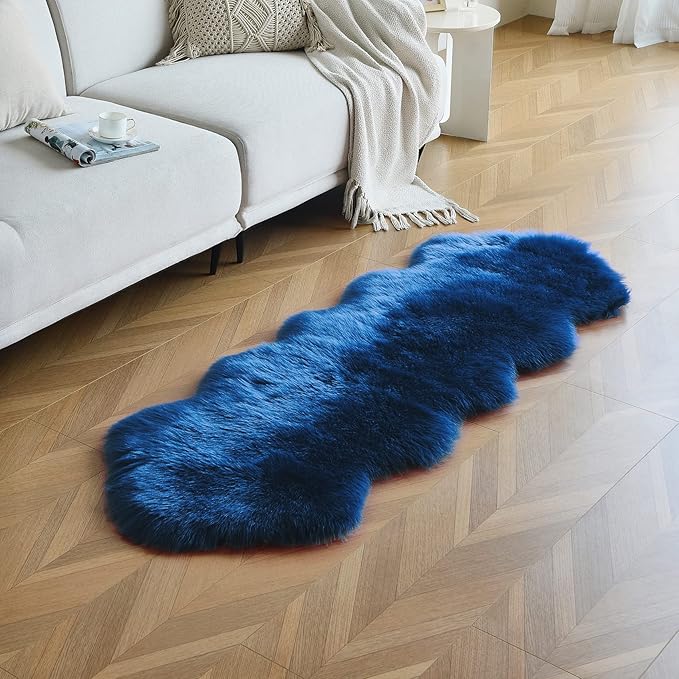 duduta Navy Blue Faux Sheepskin Runner Rugs 2x6 ft, Fluffy Shag Bedroom Bedside Rug Fur Couch Sofa Covers Washable