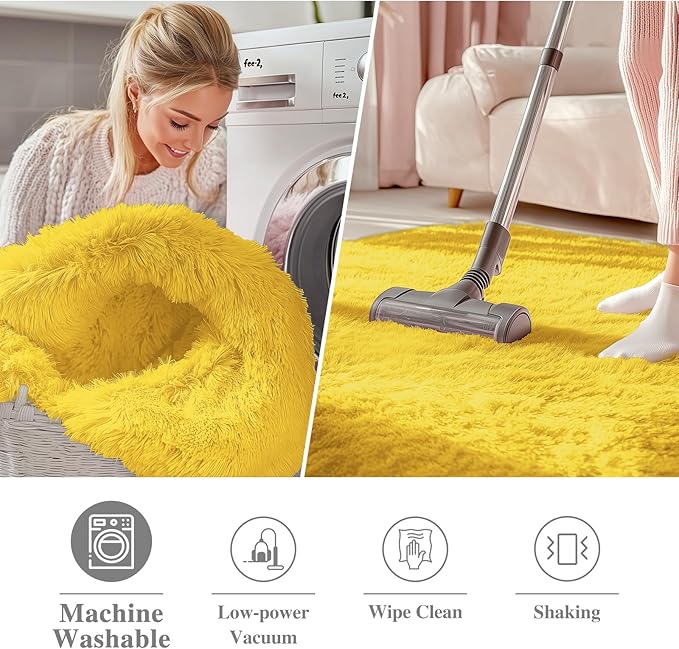 OLANLY Yellow Round Rugs for Bedroom - Machine Washable, 9 ft Circle Area Rugs for Living Room, Soft and Fluffy Shaggy Carpet for Teen Girl and Boys, Nursery Rooms, Dorms, Home Decor Aesthetic