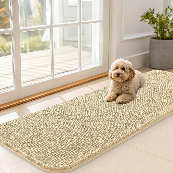 OLANLY Dog Door Mat for Muddy Paws 59x20, Absorbs Moisture and Dirt, Absorbent Non-Slip Washable Doormat, Quick Dry Chenille Mud Mat for Dogs, Entry Indoor Entryway Carpet for Inside Floor, Sand