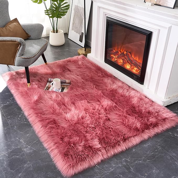 EasyJoy Ultra Soft Fluffy Shaggy Area Rug Faux Fur Rug Chair Cover Seat Pad Fuzzy Area Rug for Bedroom Floor Sofa Living Room (4 x 6 ft Rectangle, BlushPink)