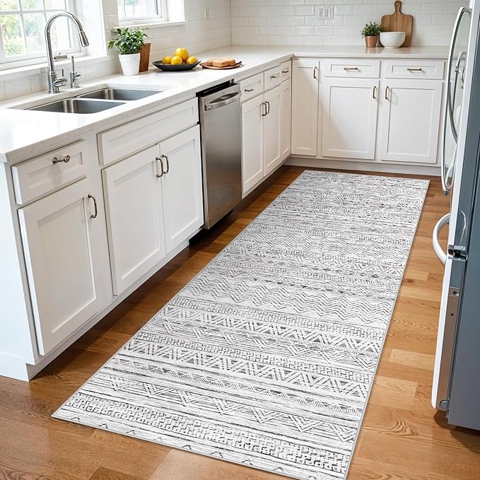 3x7 Washable Hallway Runner Rug - Moroccan Non-Slip Indoor Table Long Runners for Entryway Soft Low-Pile Neutral Rugs for Kitchen Waterproof Geometric Carpet for Bedroom Bathroom Laundry 3x7 Grey