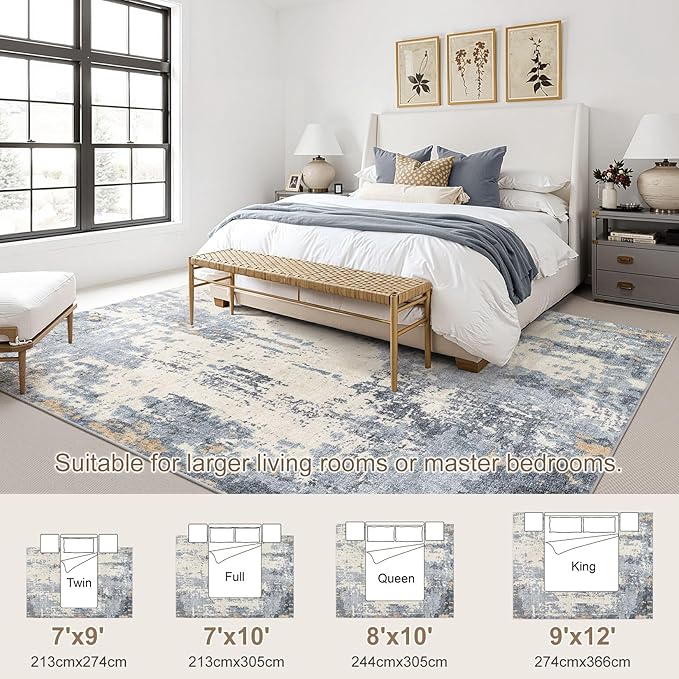 UERMEI 8x10 Area Rug Living Room Rugs - Washable Neutral Modern Abstract Soft Thin Rug Indoor Floor No Slip Rug Carpet for Bedroom Under Dining Table Home Office Decor - Blue/Light Brown