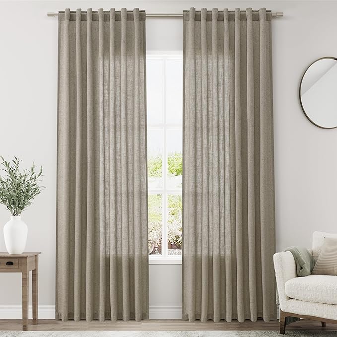 Mocha Linen Curtains 84 Inches Long for Bedroom Back Tab Light Filtering Privacy Semi Sheer Curtains Modern Farmhouse Decor Mocha Cotton Textured Curtain for Living Room 2 Panels Set 52x84 Inch