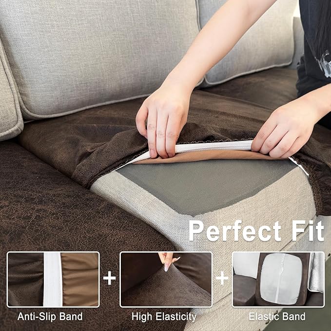 Leather Look Couch Cushion Covers Sofa Seat Slipcovers Sets Couches Furniture Protector for Sectional Armchair Loveseat Pets Kids Stretch Spandex Fabric (1 Cushion Armchair, Brown)
