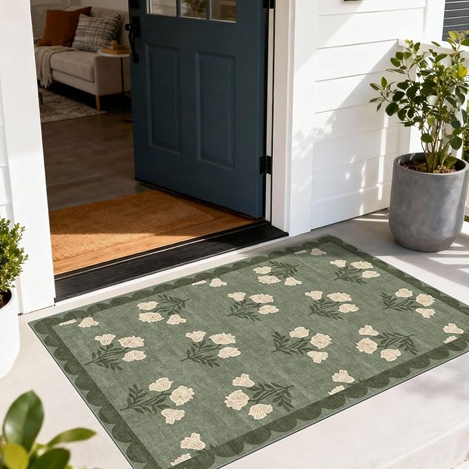 Floral Outdoor Rug - 28" x 43" Front Door Mat Indoor Outside Entrance Non-Slip Washable Outdoor Mat Sage Green Spring Scalloped Rug for Entryway Kitchen Bedroom Layered Doormat for Front Porch