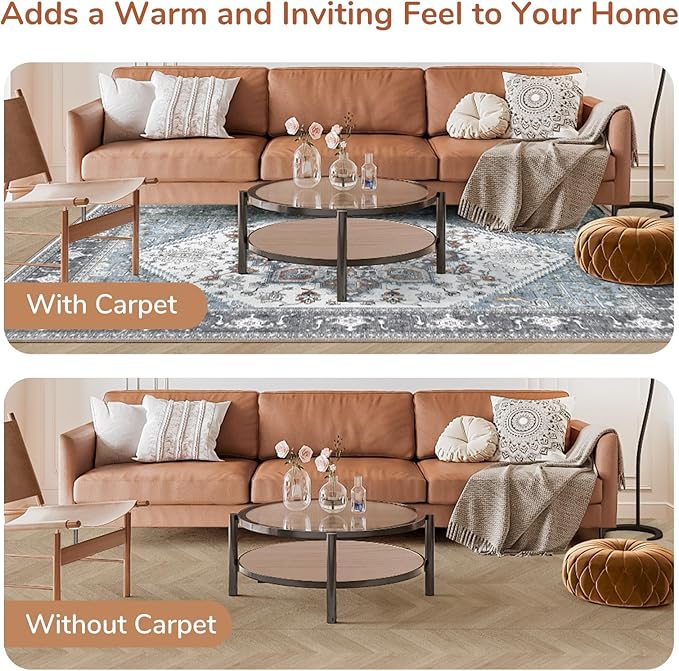 OPPODREAM Soft Area Rugs 5x7, 5x7 Washable Rug with Non Slip Backing, 5 x 7 Faux Cashmere Low-Pile Carpet, Grey & Teal & Yellow