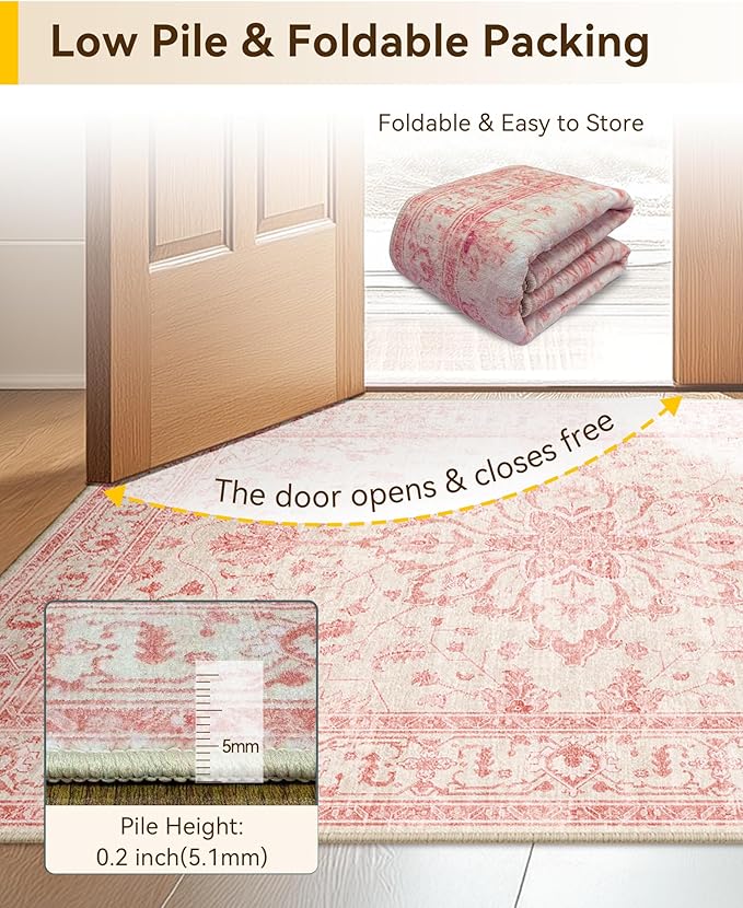RELEANY Area Rugs 5'x7' Washable Non-Slip, Floral Vintage Distress Print Pattern Medallion Carpet for Living Room Bedroom Dining Room, Pink Light Vintage Pink