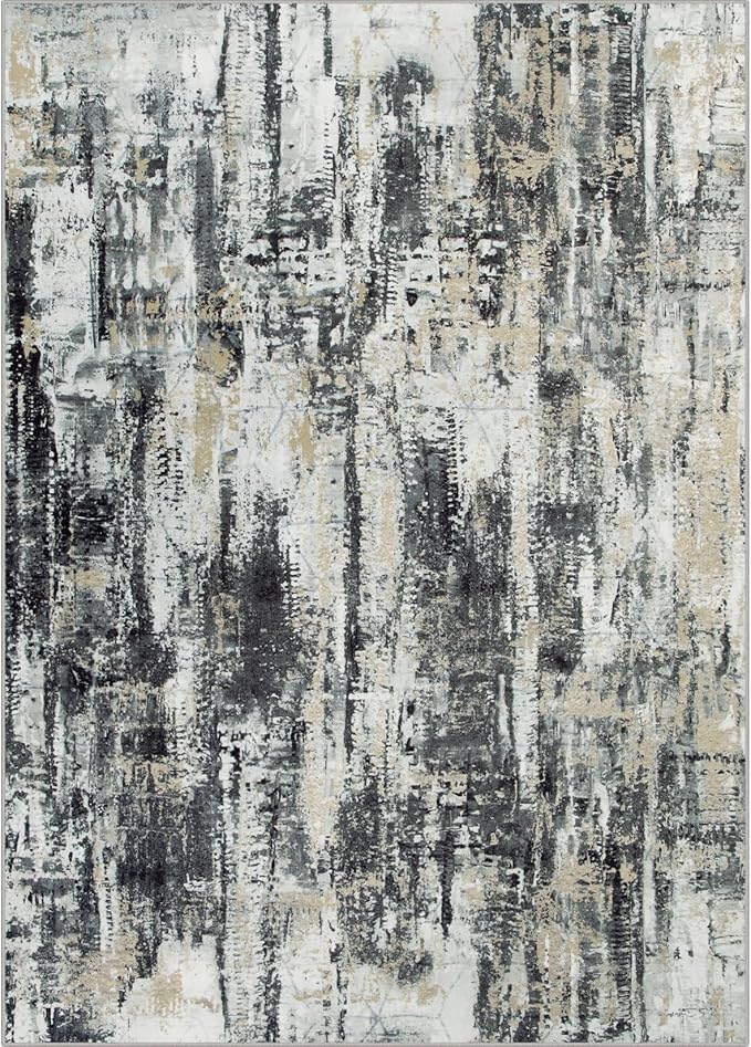 5x7 Area Rugs Washable Rug: Modern Abstract Living Room Rug Soft Anti-Skid Thin Carpet Indoor Floor Non-Shedding Carpets for Bedroom Dining Room Farmhouse Nursery Home Office Black Grey Gold