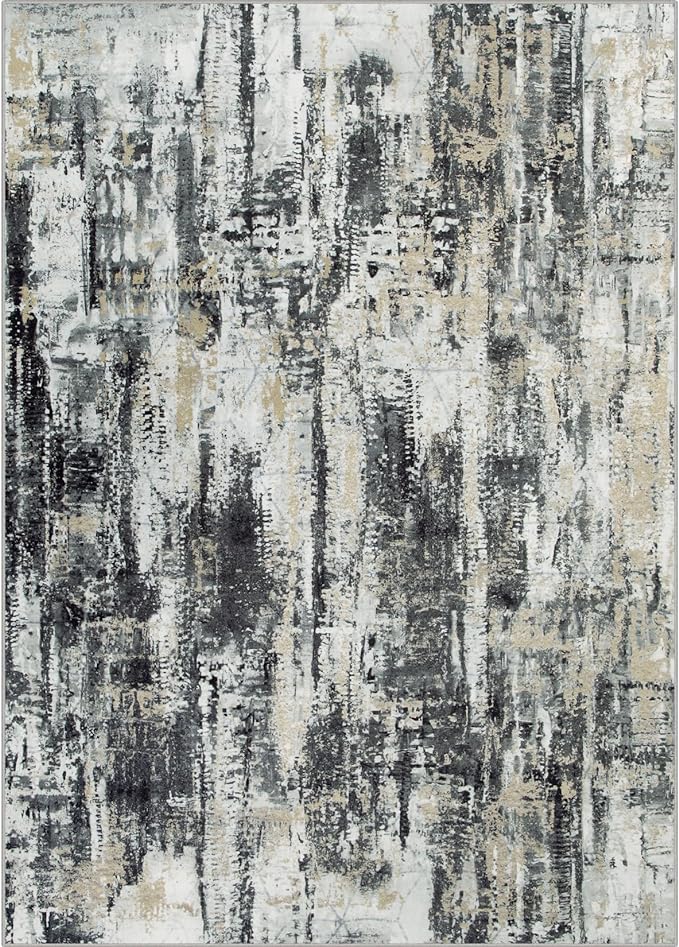 4x6 Area Rugs Washable Rug: Modern Abstract Living Room Rug Soft Anti-Skid Thin Carpet Indoor Floor Non-Shedding Carpets for Bedroom Dining Room Farmhouse Nursery Home Office Black Grey Gold