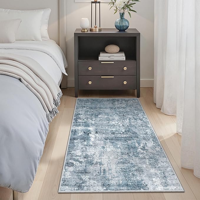 Soalmost 2x4 Washable Rugs for Kitchen, Floor, Entryway, Powder Room Small Area Rug Non-Slip Vintage Low Pile Throw Door Mat Blue/Grey