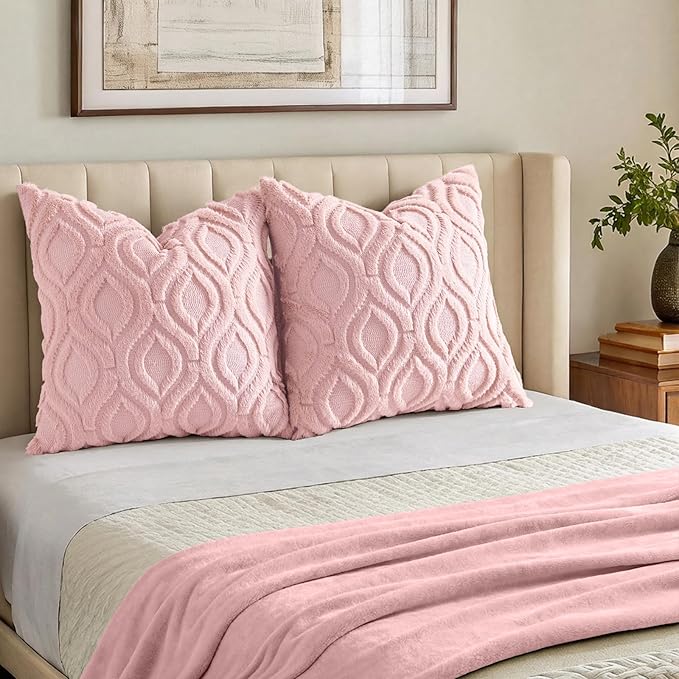 decorUhome Throw Pillow Covers 16x16 Inch Set of 2, Soft Plush Faux Wool Pink Solid Couch Pillow Covers, Accent Farmhouse Neutral Square Pillow Cases for Sofa Bed Living Room