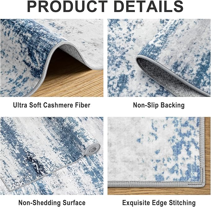 Area Rugs Living Room Rug - 4x6 Washable Modern Abstract Soft Neutral Non-Slip Carpet Large Indoor Floor Thin Carpets for Bedroom Dining Room Farmhouse Nursery Home Office White Blue Grey
