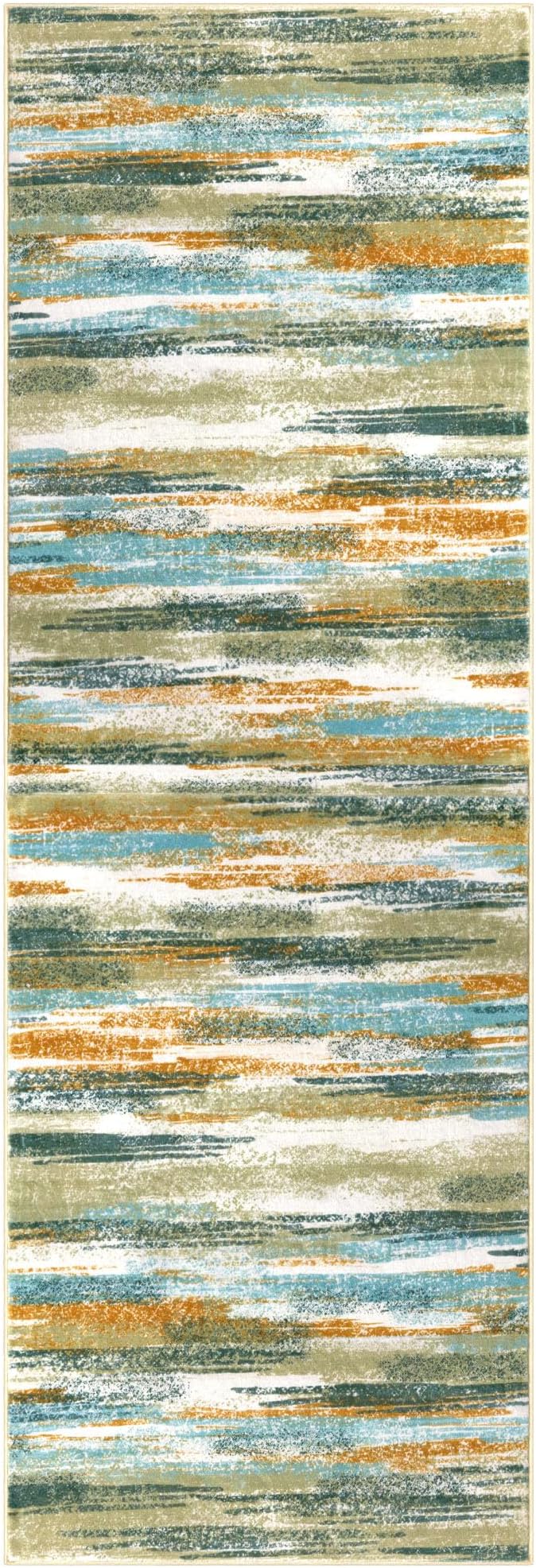 Lansny Modern Abstract Runner Rug 2.6x8, Green Mustard Multi Washable Kitchen Runner Non-Slip Soft Hallway Rug Runner Thin Print Faux Wool Carpet for Entryway Bedroom Laundry Room Indoor