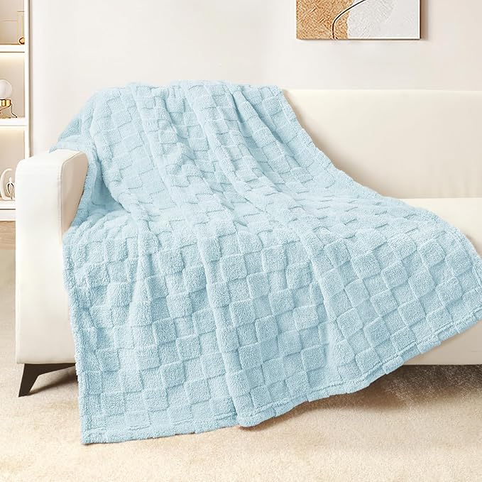 Exclusivo Mezcla Fleece Throw Blanket for Couch,Super Soft and Warm Lightweight Checkered Pattern Blankets for All Seasons, 50x60 Inches, Light Blue