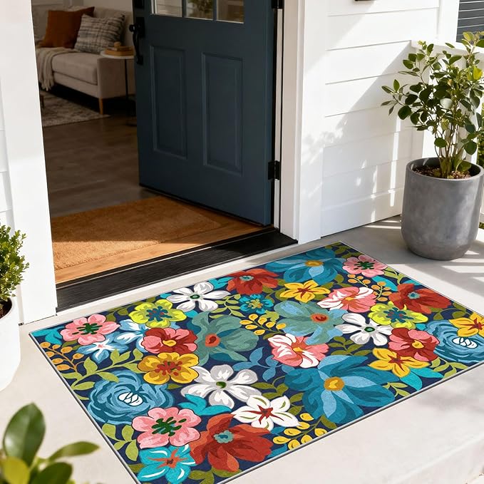 Floral Outdoor Rug - 28" x 43" Front Door Mat Indoor Outside Entrance Non-Slip Washable Outdoor Mat Colorful Spring Flower Rug for Entryway Kitchen Bedroom Layered Doormat for Front Porch