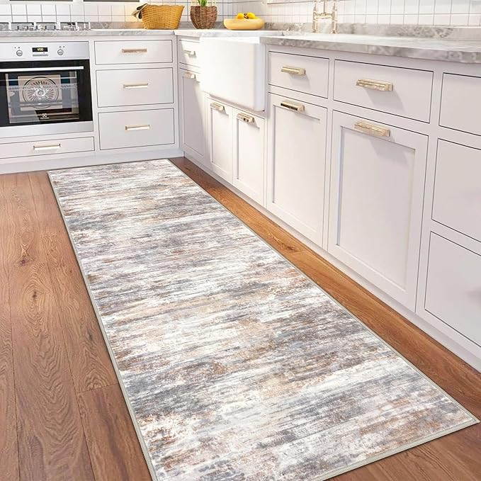 KOZYFLY 3x8 Ft Rug Modern Ombre Runner Rug for Hallway, Washable Kitchen Rugs Non-Slip Soft Striped Entryway Rug, Print Multi Grey/Orange Abstract Carpet for Laundry Nursery