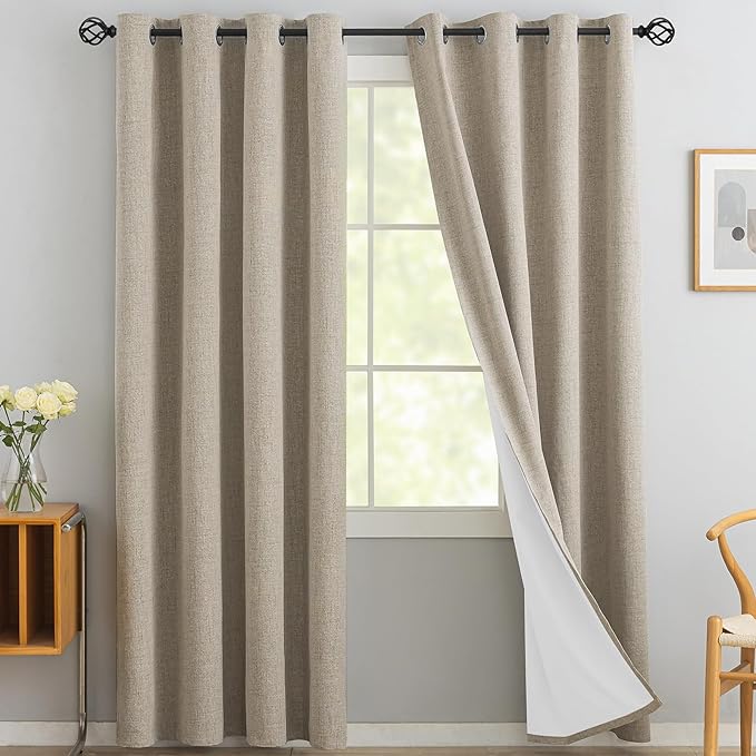 Yakamok Natural Linen Curtains 100% Blackout 90 Inches Long,Room Darkening Textured Curtains for Living Room Thermal Grommet Bedroom Curtains 2 Panels with Greyish White Liner