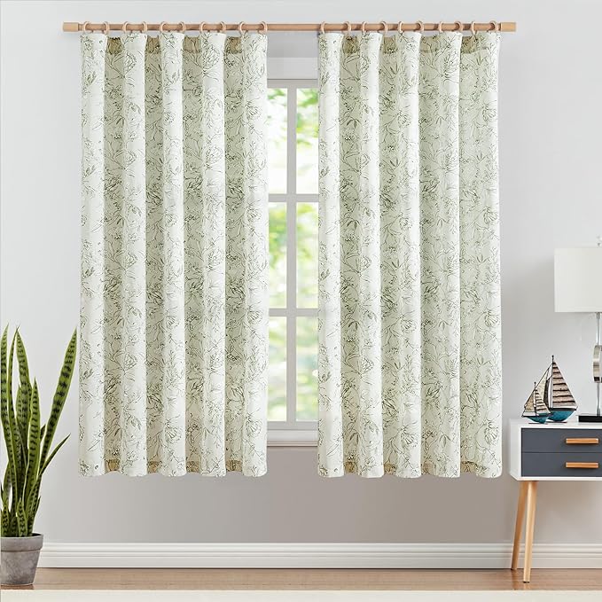 jinchan Floral Curtains 63 Inch Length Sage Green Flower Linen Farmhouse Curtain for Living Room French Country Vintage Curtain Rod Pocket Curtains Set 2 Panels Floral Printed
