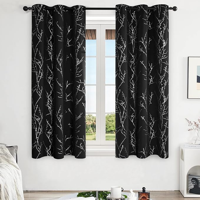 Deconovo Black Blackout Curtains, Thermal Insulated Soundproof Privacy Curtain Drapes, Branch Foil Print, 42 x 63 Inch Long, 2 Panels, Machine‑Washable Window Panel for Bedroom Living Room Office Home