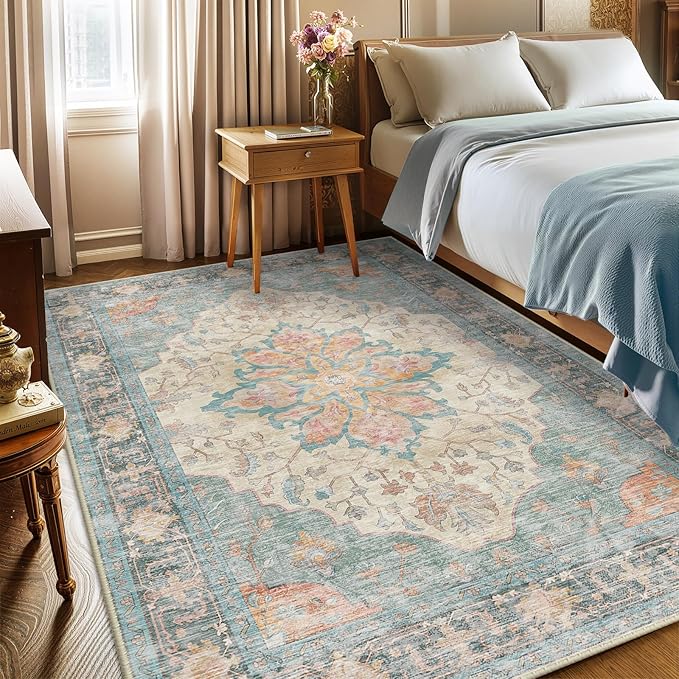 RELEANY Area Rugs 5'x7' Washable Non-Slip, Floral Vintage Distress Print Pattern Medallion Carpet for Living Room Bedroom Dining Room, Blue Orange Red
