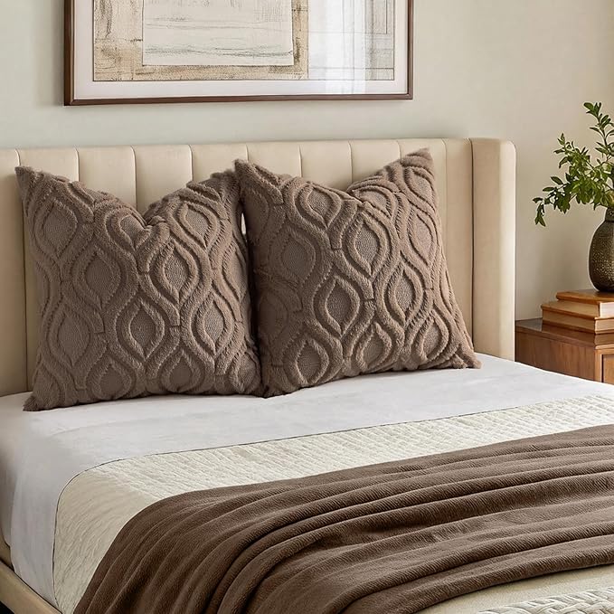 decorUhome Throw Pillow Covers 24x24 Inch Set of 2, Soft Plush Faux Wool Brown Solid Couch Pillow Covers, Accent Euro Sham Farmhouse Neutral Square Pillow Cases for Sofa Bed Living Room