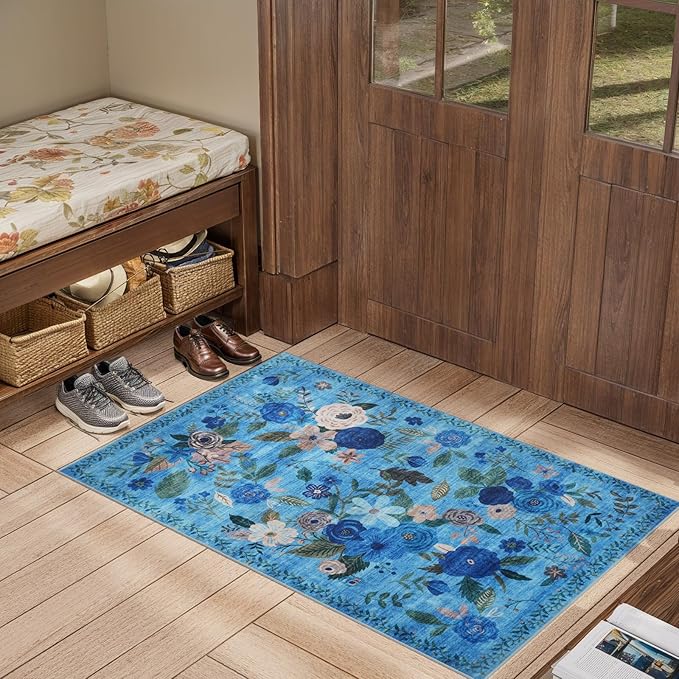 Floral Rug for Entryway, 2X3 Washable Kitchen Mat Ultra-Thin Soft, Non-Slip Indoor Door Carpet Stain Resistant Boho Small Low-Pile Throw for Bathroom Bedroom (2 x 3, Blue Lawn)