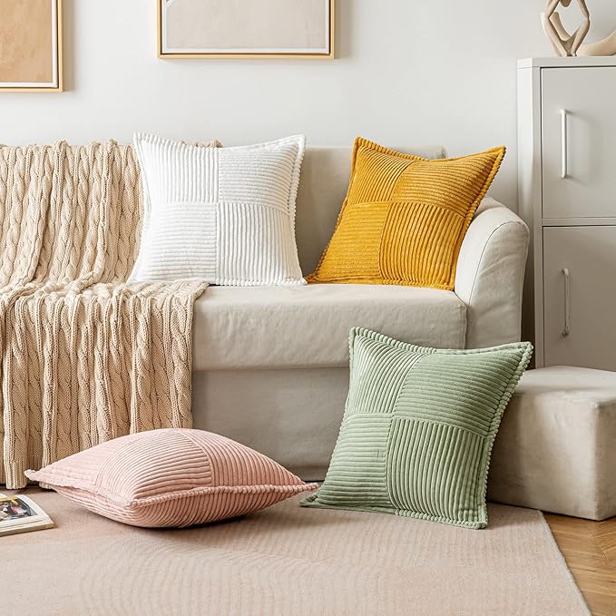 MIULEE Decorative Euro Sham Throw Pillow Covers for Couch Bed Livingroom 24x24 Inch Set of 2 White Boho Accent Throw Pllows Broadside Striped Patchwork Soft Corduroy Pillowcases