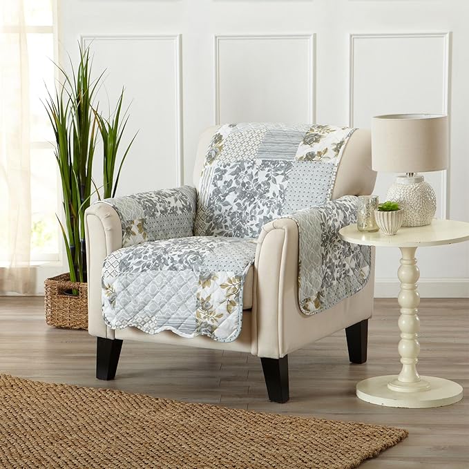 Great Bay Home Reversible Patchwork Chair Cover - Washable Slipcover Furniture Protector with Elastic Straps - Perfect for Kids & Pets - Box-Stitched Detail (Grey)