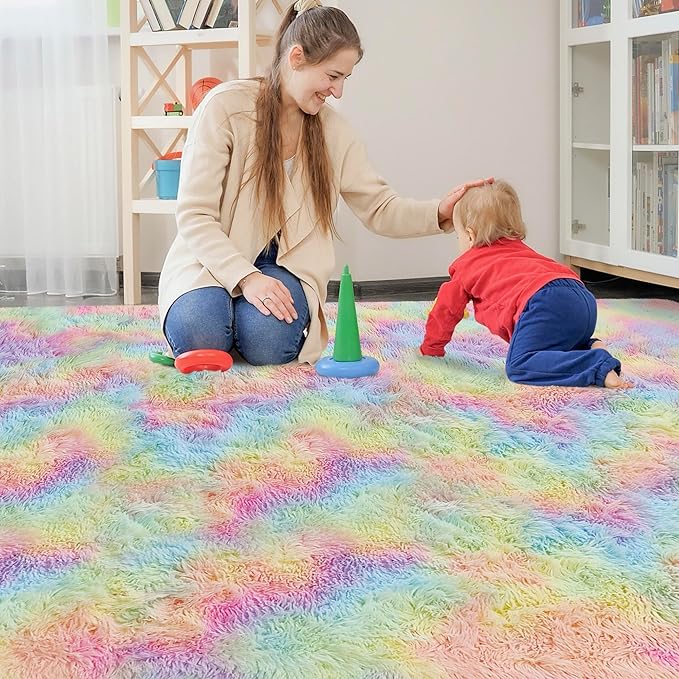 Fluffy Rainbow Colorful Area Rug for Living Room 8x10 Kawaii Tie Dye Rug Fuzzy Indoor Floor Unicorn Rug for Bedroom Girls Kids Nursery Baby Princess Room Dorm Home Decor Aesthetic Carpets
