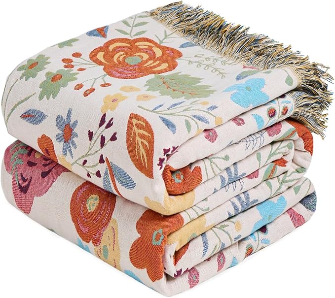 MSGKV Boho Throw Blanket for Couch 100% Cotton Floral Blanket 50"x60" Sofa Bed Chair Blanket All Seasons Lightweight Farmhouse Muslin Spring Breathable Blankets Home Decor