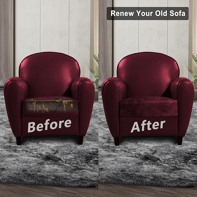 Leather Look Couch Cushion Covers Sofa Seat Slipcovers Sets Couches Furniture Protector for Sectional Armchair Loveseat Pets Kids Stretch Spandex Fabric (1 Cushion Armchair, Burgundy)