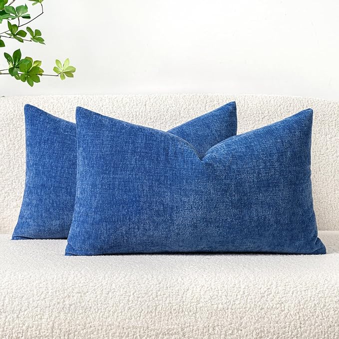 MIULEE Pack of 2 Couch Throw Pillow Covers 12x20 Inch Soft Royal Blue Chenille Lumbar Pillow Covers for Sofa Living Room Solid Dyed Cases