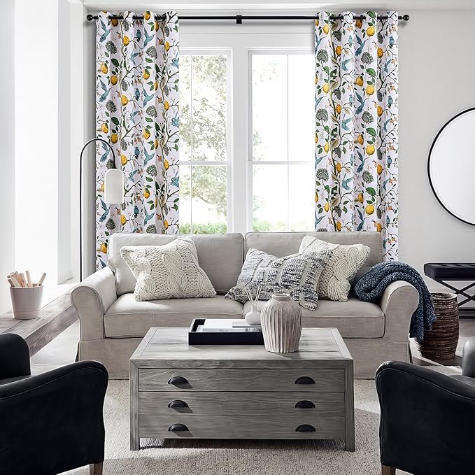 Topfinel White Pretty Pioneer Woman Blackout Curtains 63 Inches Length 2 Panels, Aesthetic Retro Botanical Floral Hummingbird Printed Soundproof Grommet Drapery Treatment for Nursery Kid Classroom