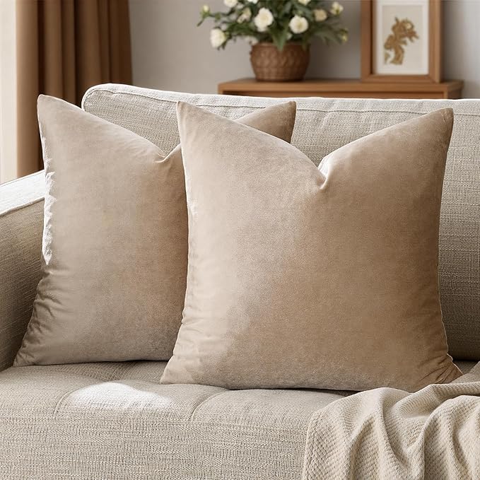 GIGIZAZA Decorative Throw Pillow Covers 20x20,Set of 2 Taupe Square Couch Pillow Covers,Velvet Sofa Boho Cushion Pillows