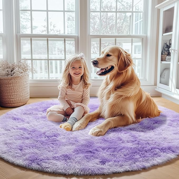 ONASAR Tie-Dyed Purple Round Area Rug 4ft, Soft Bedroom Circle Rugs Floor Mats for Kids Girls Teen Room, Kawaii Fluffy Plush Shaggy Carpet for Baby Nursery Living Room Playroom Home Decor