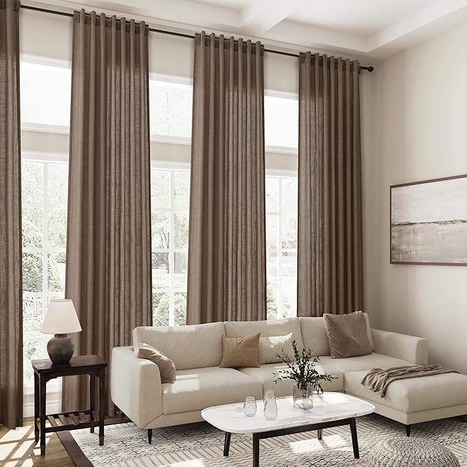 Light Brown Linen Curtains 120 Inch Extra Long for Living Room Back Tab Light Filtering Semi Sheer Drapes Modern Farmhouse Boho Decor Cotton Textured Curtain for Floor to Ceiling High Window 52x120