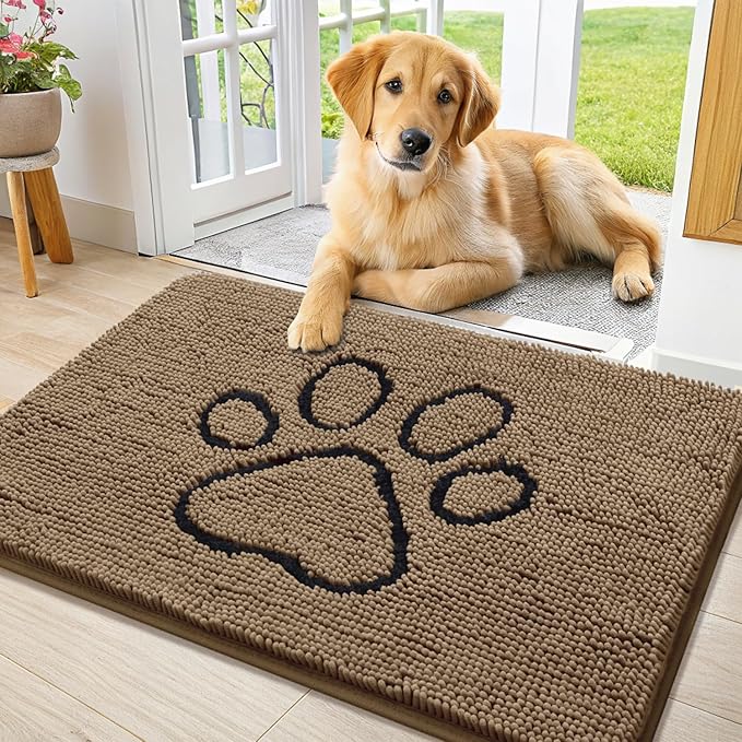 Smiry Dog Door Mat for Muddy Paws, Absorbent Dirt Trapper Non Slip Quick Dry Washable Chenille Mat for Mud Dogs, Entry Rug for Indoor and Outdoor (36x24 Inches, Camel and Black)