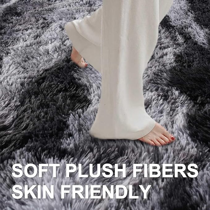 4x6 Ft Shag Rugs for Bedroom Living Room, Tie-Dyed Ultra Soft Fluffy Furry Area Rugs for Indoor Floor, Aesthetic Carpet for Kids Home Decor (Black)