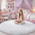 White Round Rug 6Ft for Bedroom, Circular Circle Area Rugs for Living Room, Large Soft Fluffy Shaggy Carpet for Teen Girls Boys, Kids Home Decor Aesthetic, Plush Throw Rugs for Dorm Nursery Playroom