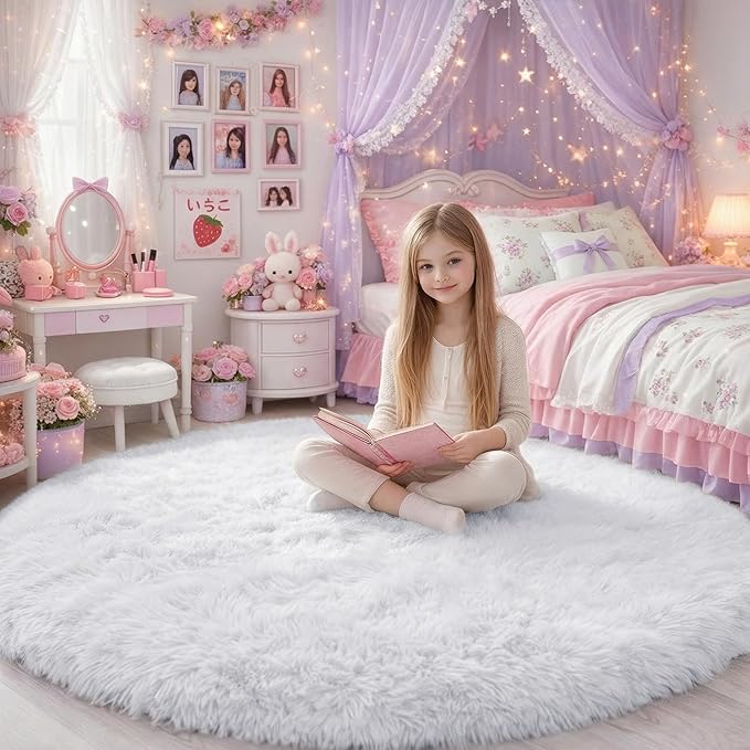 White Round Rug 6Ft for Bedroom, Circular Circle Area Rugs for Living Room, Large Soft Fluffy Shaggy Carpet for Teen Girls Boys, Kids Home Decor Aesthetic, Plush Throw Rugs for Dorm Nursery Playroom