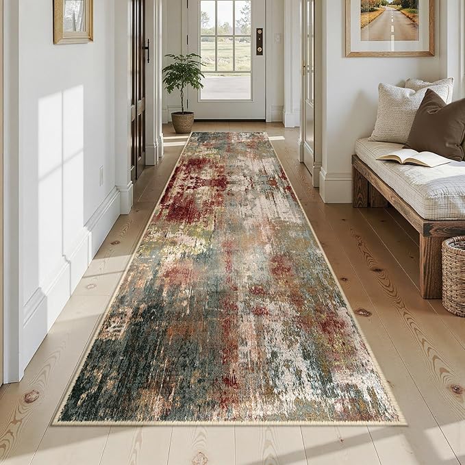 Washable Area Rugs 3x12 Non-Slip Modern Abstract Soft for Living Room Entryway Bedroom Nursery, Print Pattern, Brown Rust Red Green Blue Multi